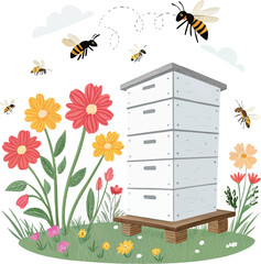 "Beekeeping Hive with Busy Bees and Colorful Flowers – Vector Illustration"