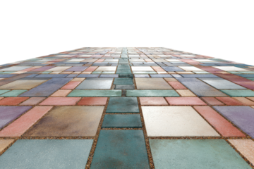 Perspective view of a multicolored stone pavement surface.