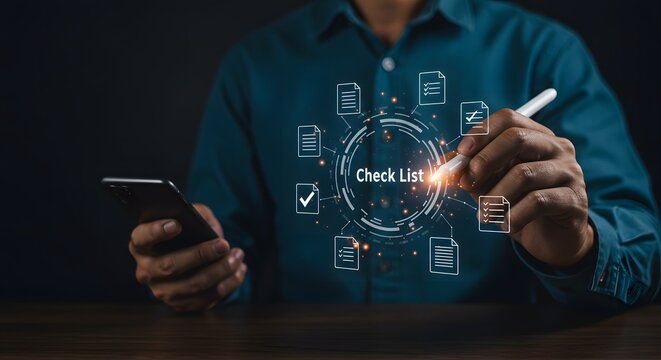 Digital Checklist and Task Management Concept with Person Using Smartphone and Stylus