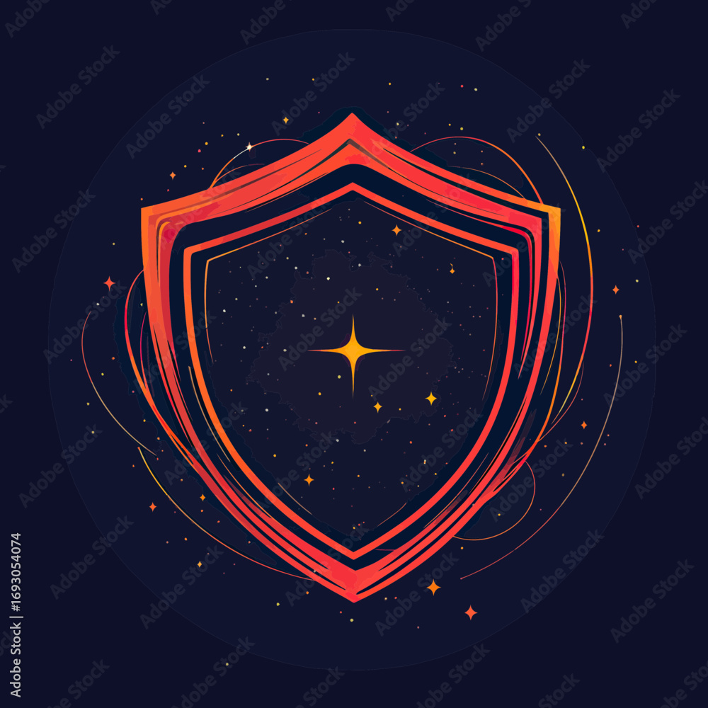 Poster abstract shield shape with glowing fiery lines and starry space background symbolizing protection an
