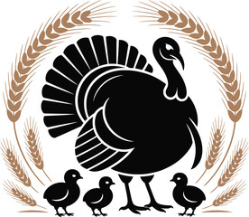 Turkey Silhouette Vector Illustration in Black with Wheat Featuring a Bird Family Against a Transparent Background Ideal for Autumn and Harvest-Themed Designs