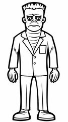 Black and white vector illustration of sad Frankenstein monster character in classic suit with bolts and flat minimalist design for kids concept art