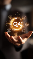 Person's Hand Displaying a Digital QA Symbol with Business Icons and Golden Glow holding technology
