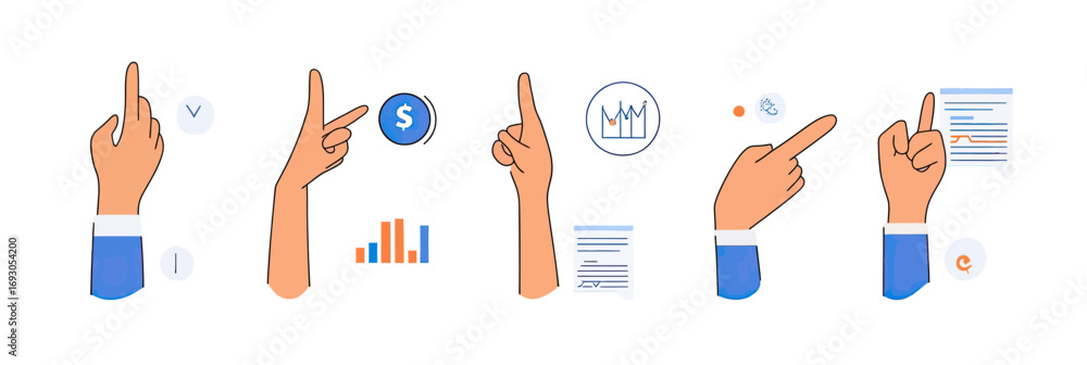 Poster flat minimalist vector illustration of diverse hands pointing at financial charts graphs and documen