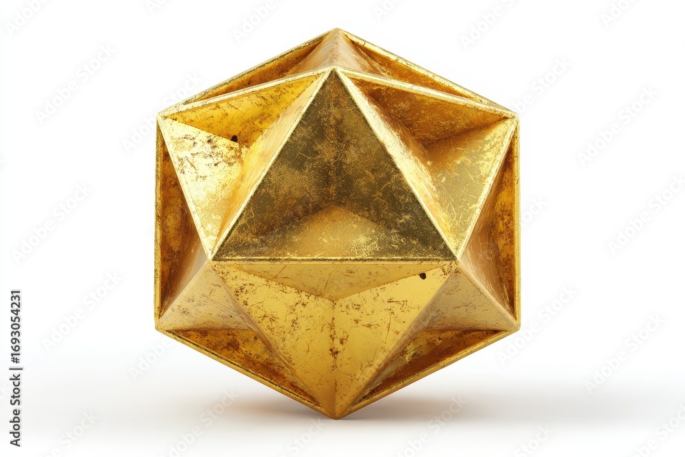 Poster shimmering golden polyhedron: a 3d rendering of strength and principle against a clean white canvas