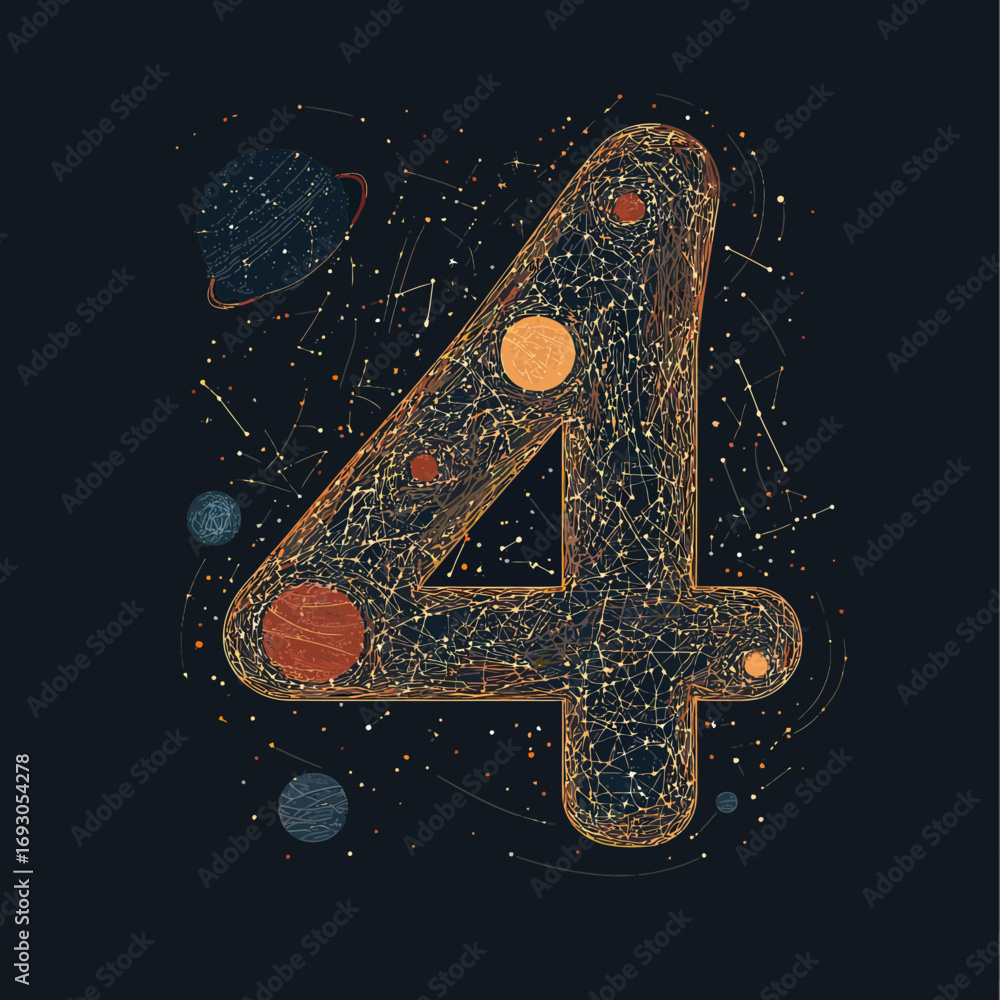 Poster abstract number four digit formed by network of connected lines and dots with digital planets and st