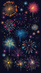 Naklejka premium Colorful fireworks display with various shapes and bursts lighting up dark night sky for celebration and festive events vector background illustration