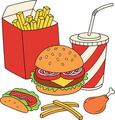 Vibrant cartoon illustration of delicious fast food items in a playful style
