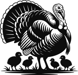 Turkey Family Silhouette Vector Illustration, Black Graphic Design with Mother Turkey and Chicks on Transparent Background for Print and Digital Media