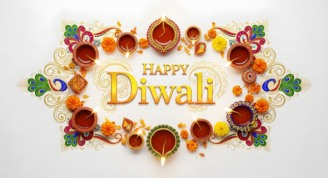 Happy diwali arrangement with diyas flowers and peacock designs on a white background celebration theme