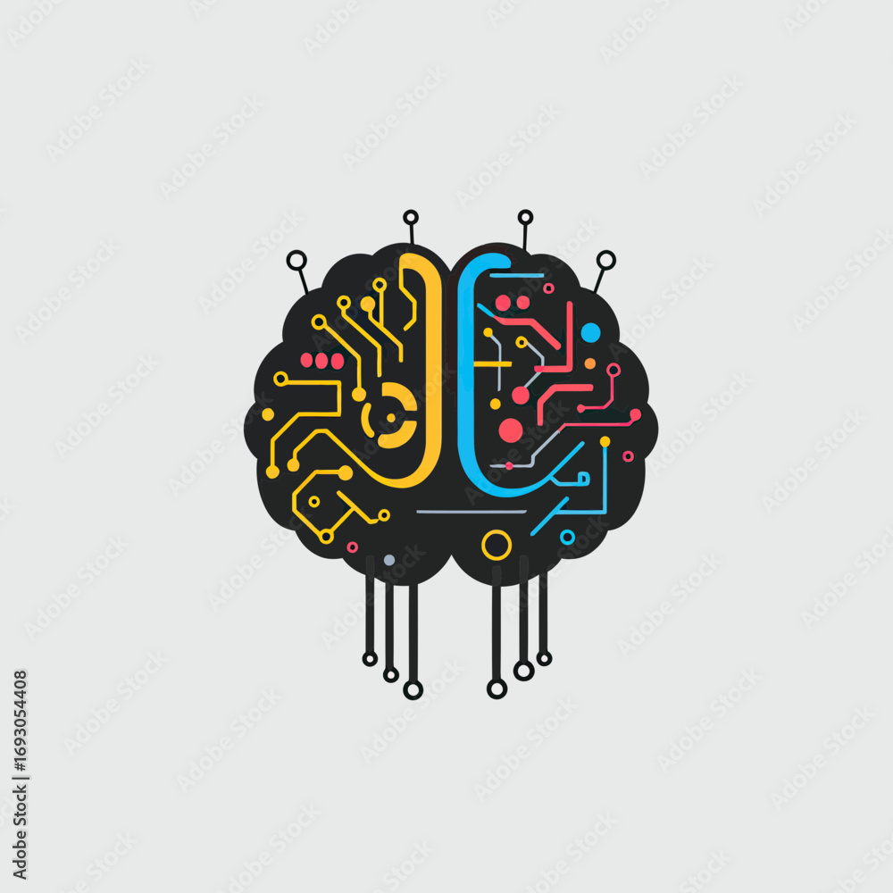 Poster abstract digital brain icon with colorful circuit board lines and nodes symbolizing technology and a