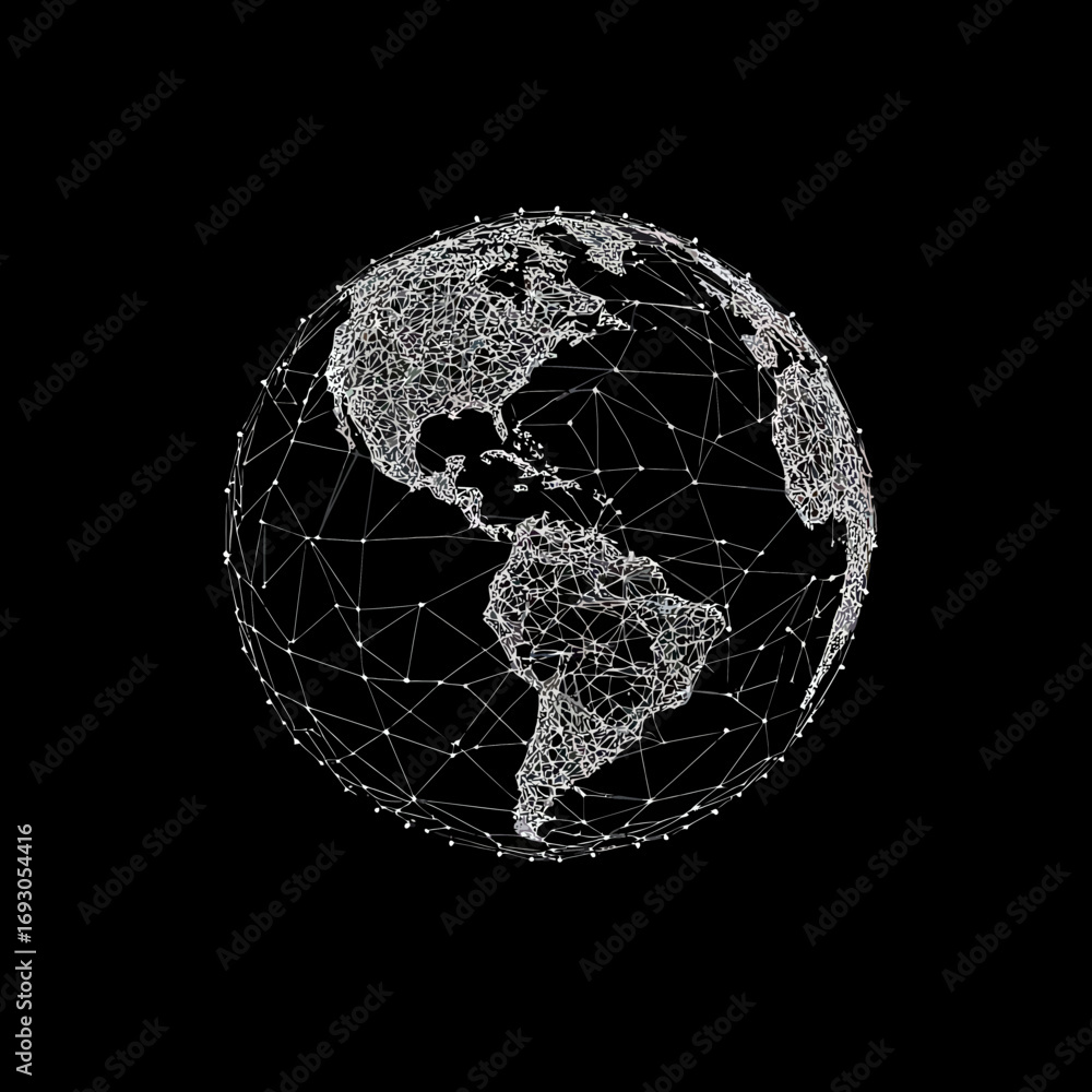 Poster low poly globe wireframe of earth showing north and south america with interconnected lines and dots