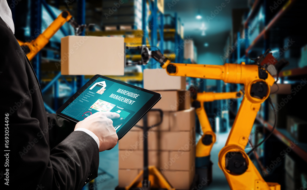 Poster smart robot arm systems for innovative warehouse and factory digital technology . automation manufac