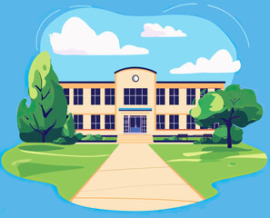Modern two story school building with clock exterior front view on sunny day with green lawn and trees minimalist vector illustration