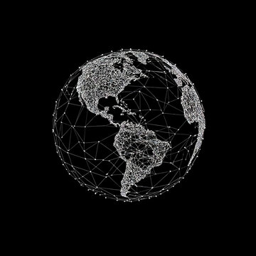 Low poly globe wireframe of Earth showing North and South America with interconnected lines and dots on black background digital mesh design for technology concept