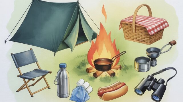 un and colorful camping illustration bundle for creative projects. Perfect for printable wall art, camping checklists, digital scrapbooking, picnic flyers, hiking guides and outdoor celebration design
