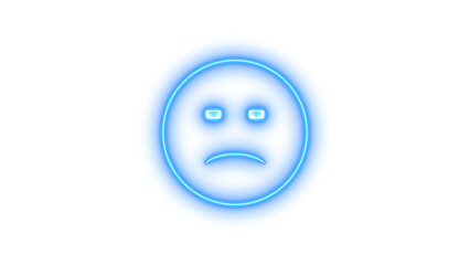 Illustration of blue neon sad emoji isolated on transparent background glowing face with downturned mouth and furrowed brows expressing sadness, disappointment, or grief