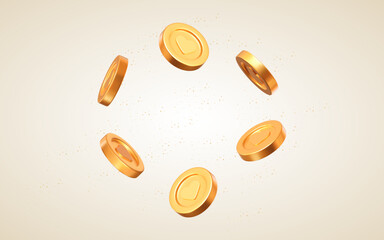 3d flying golden coins with heart, different angles. Stock vector illustration on beige isolated background.