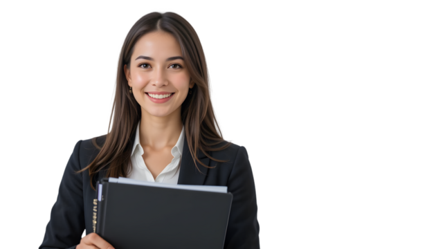 A smiling businesswoman in a black suit holding a folder, isolated on transparent background