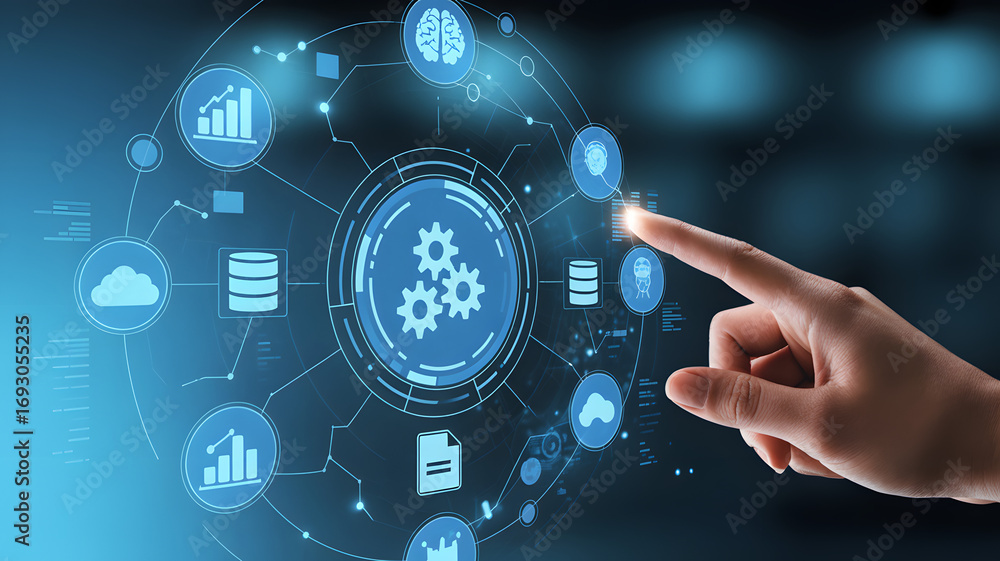 Fototapete digital transformation: a visionary hand interacts with an advanced digital interface showcasing int
