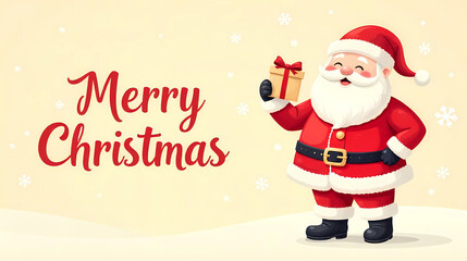Santa Claus with Gift and Sack Beside Merry Christmas Message