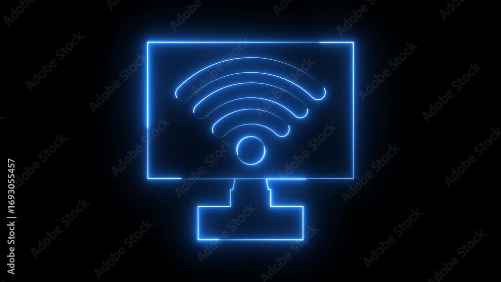 Fototapete wifi with monitor icon animation glowing neon blue color wireless internet device info mobile phone 