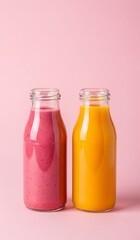 Zwei Glasflaschen mit pinkfarbenen und orangefarbenen Smoothies