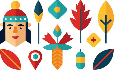 Indigenous peoples day icons collection vector feathers and symbols for celebrations