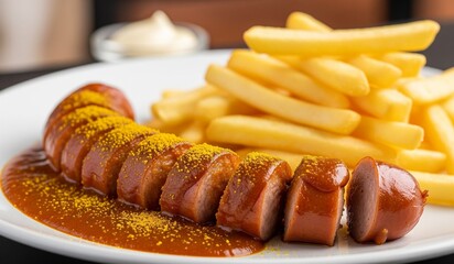 Eine klassische Currywurst mit goldgelben, knusprigen Pommes Frites