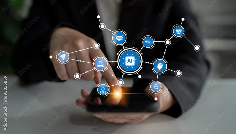 Poster a businessman interacts with a smartphone displaying various ai and connectivity icons, symbolizing 