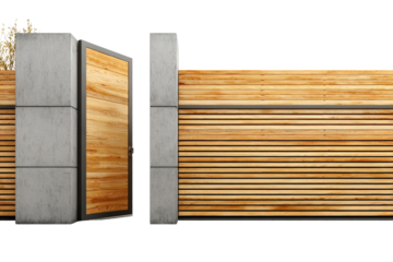 Modern wooden slat fence and driveway gate with concrete posts.