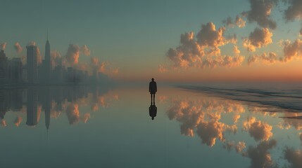 Contemplation: Silhouette of a person reflecting on a peaceful scenery of a skyline and the ocean during sunset, a perfect reflection, with dreamy ambiance and serenity