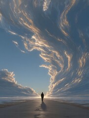 Pathway to Dreams: A lone figure journeys along a surreal path. Leading directly into the heart of a breathtaking sky filled with fluffy, billowing clouds, symbolizing the pursuit of aspirations.