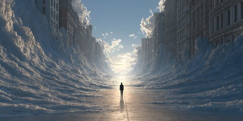 Urban Wanderer's Pathway: A solitary figure ventures along a city street seemingly bisected by towering waves of an ethereal cloudscape, inviting contemplation on introspection and resilience.