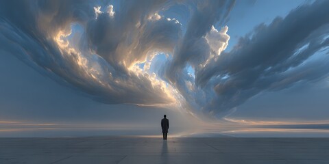 Solitary Traveler Under the Majestic Sky: A solitary figure walks toward the horizon, under an awe-inspiring, dramatic sky, showcasing a sense of journey and contemplation.