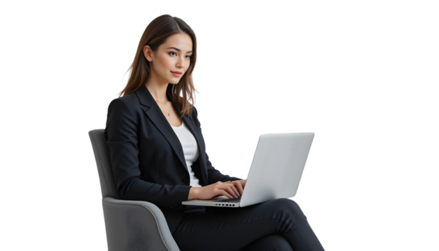 A woman in a suit sitting in a chair, working on a laptop, isolated on transparent background - Powered by Adobe