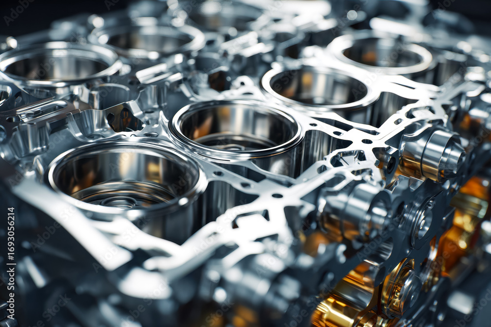 Poster close-up of a high-performance automotive engine cylinder block highlighting precision machining and