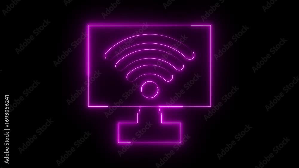 Fototapete wifi with monitor icon animation glowing neon pink color wireless internet device info mobile phone 