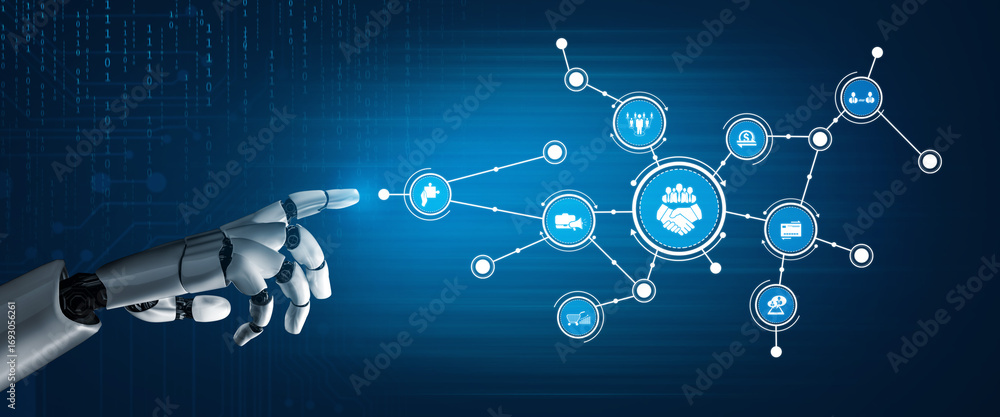 Poster a futuristic robotic hand reaching out to interactive digital icons representing various aspects of 