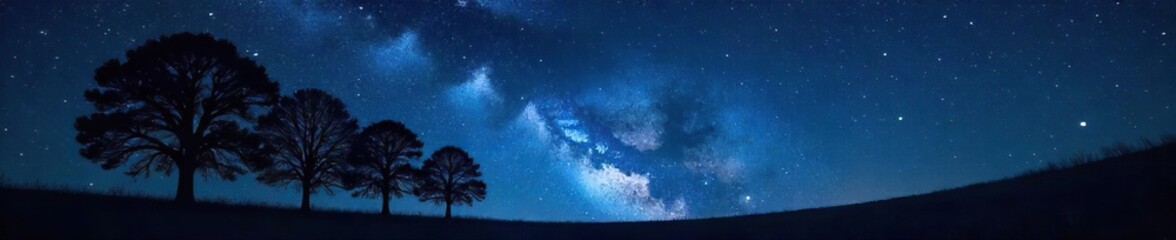 Silhouetted trees against a dramatic, star-filled night sky Perfect for nature, astronomy, and fantasy themes Deep blacks and rich contrasting details , trees, galaxy