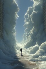 Man's solitary journey: A lone individual embarks on a surreal, contemplative walk, enveloped by an ethereal sea of clouds.