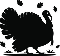 Simple Turkey Silhouette Vector Illustration with Falling Leaves A Black Graphic Depiction for Design Elements and Creative Projects on Transparent Backdrop