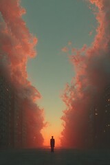 Solitary Figure Amidst the Sky: A silhouetted individual is seen walking toward a vibrant sunset, framed by towering structures and a dramatic sky, evoking themes of isolation and contemplation.