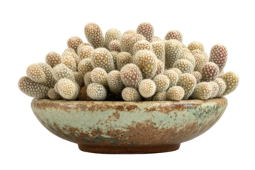 A dense cluster of Thimble Cactus Mammillaria gracilis in a rustic ceramic bowl.