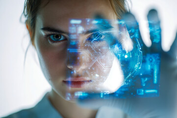 Close-up of a focused young woman analyzing a transparent digital interface with blue futuristic circuit patterns in a technology research environment