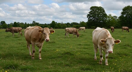 Cows grazing in a lush green field under a cloudy sky.