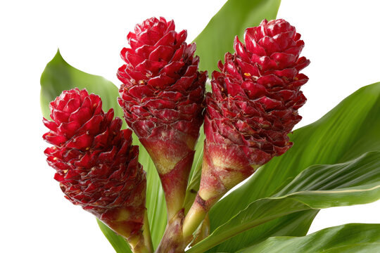 Three vibrant red ginger flowers with lush green leaves.