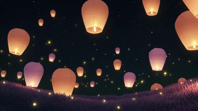 Floating lanterns in night sky with magical glow over grassy landscape. Stunning sight of floating lanterns against dark background creates enchanting atmosphere.
