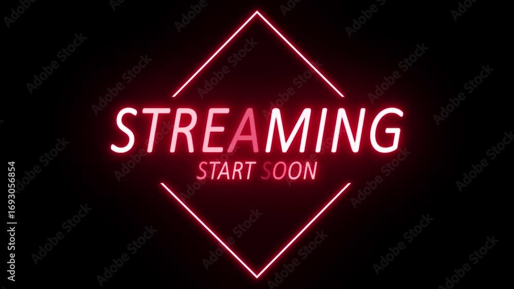 Poster red neon streaming start soon text glowing on black background for live broadcast intro