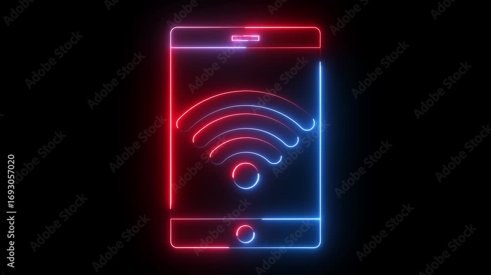 Fototapete wifi with smart phone icon animation glowing neon red and blue color wireless internet device info m